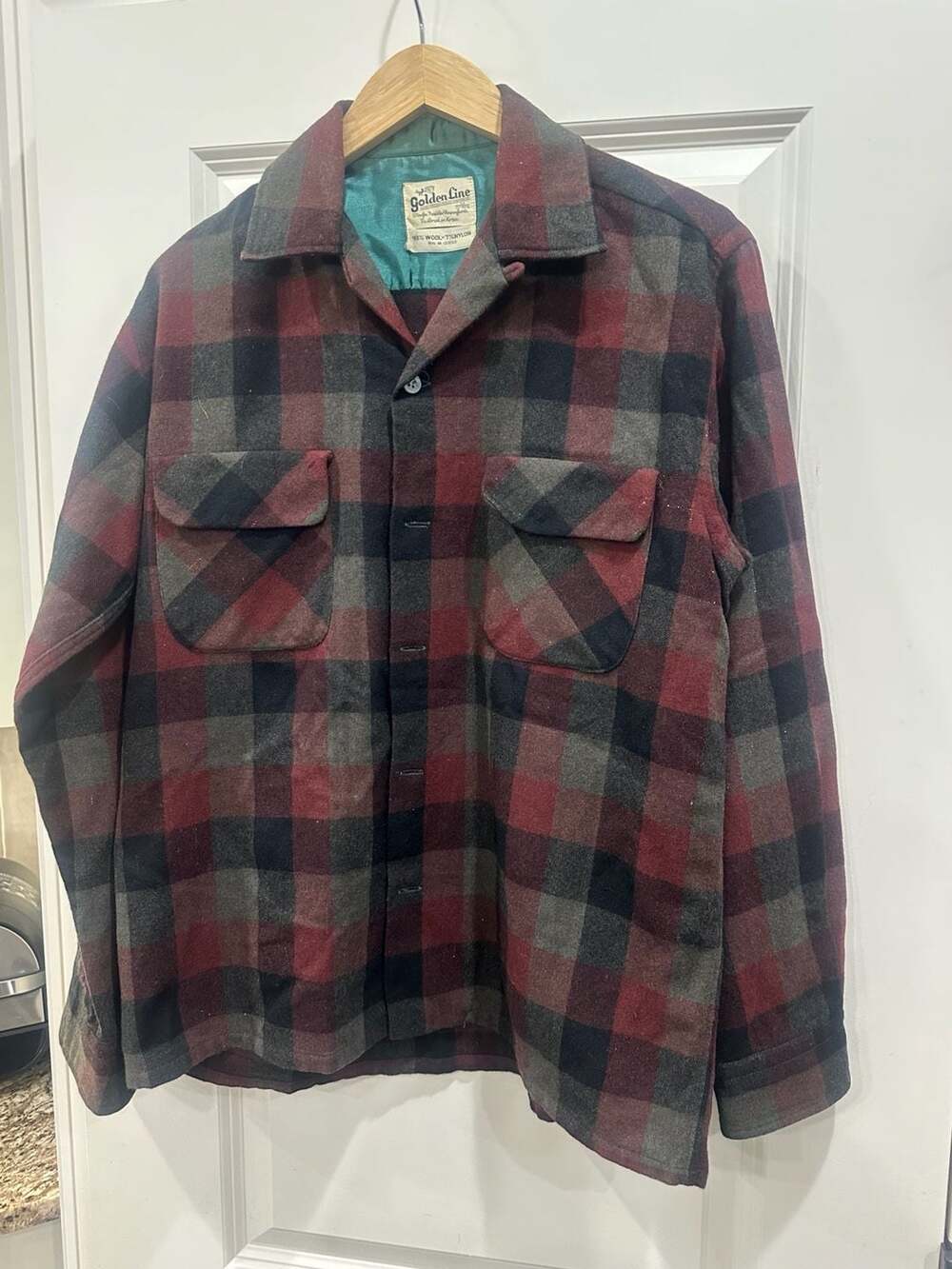 Vintage Golden Line‎ Red and Grey Buffalo Plaid Wool Blend Flannel Shirt Jacket